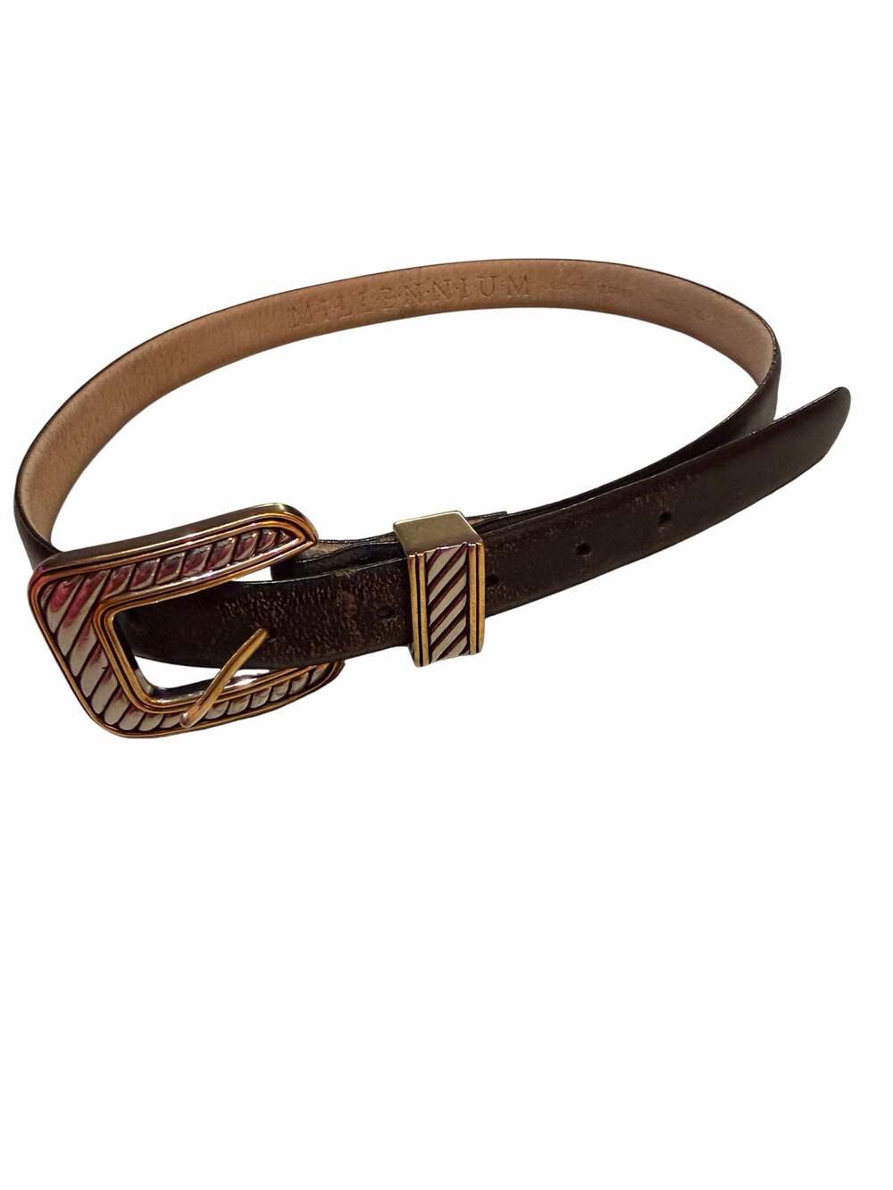 Vintage Millennium Black Leather Belt Silver/Gold Engraved Buckle Size XL